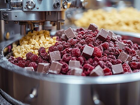 Photo d’un mélangeur contenant plusieurs types de fruits, illustrant le processus de mélange