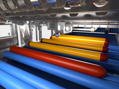 Illustration 3D d’une machine industrielle de pelage de boyaux, avec un boyau pelé visible à la sortie et plusieurs autres boyaux en cours de pelage à l’intérieur