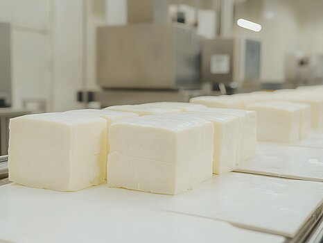 Pièce de fromage moulée en forme de rectangle posée sur un convoyeur, illustrant le processus de moulage et de démoulage du produit