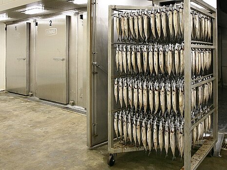 Photo montrant des saucisses entièrement séchées, pendues en rangées serrées sur des supports métalliques dans un espace de séchage