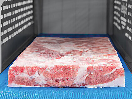 Viande moulée en forme de rectangle posée sur un convoyeur, illustrant le processus de moulage et de démoulage du produit