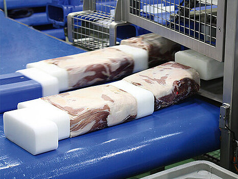 Viande moulée en forme de rectangle posée sur un convoyeur, illustrant le processus de moulage et de démoulage du produit